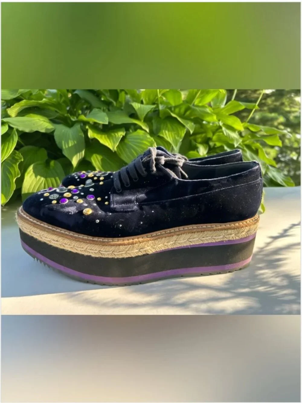 PRADA Velvet Platform Oxford Espadrille Embellished Crystals Shoes Size 40